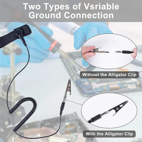 Grounded Outlet Plug And Anti Static Wrist Strap Kit For PC Builds with adjustable XL strap and grounding cord showing Vsriable connection.