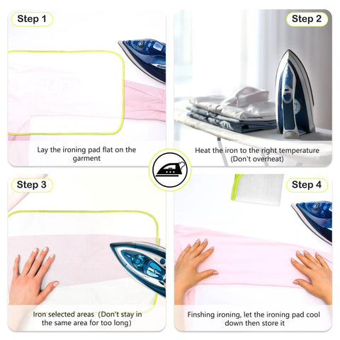 Step-by-step usage of 10 Pack Mesh Ironing Cloths 24x16 Inches Large Pressing Pads demonstrating ironing techniques.
