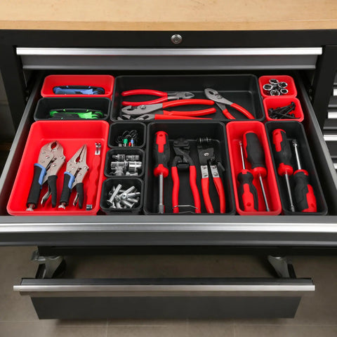 46 Piece Tool Box Organizer Tray Set With Five Sizes And 15Lb Magnetic Pickup Pen for garage storage in tool chest drawer.