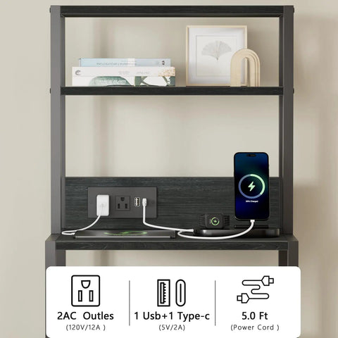 Solid Tall Nightstand With Four Open Shelves And Two Fabric Drawers Ultimate Bedside Station showcasing built-in power outlet and charging features.