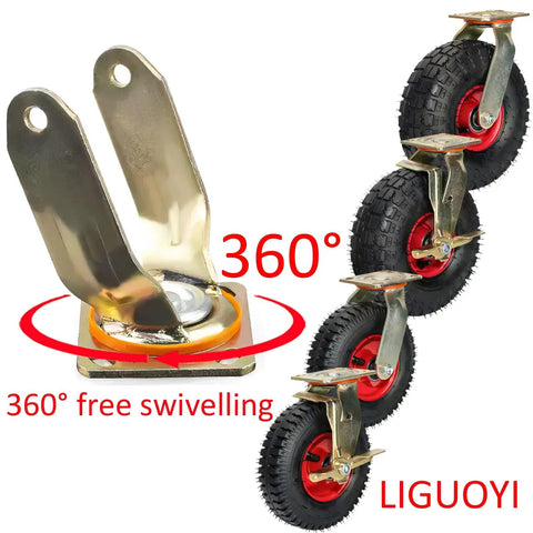 Kickass Industrial Pneumatic Casters With Locking Brake Set Of 4 displaying 360° swiveling mechanism for smooth rolling rubber wheels.