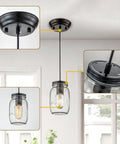 Close-up view of Farmhouse Mason Jar Pendant Light Set For Kitchen Island showing adjustable glass jar hanging lamp and ceiling mount.