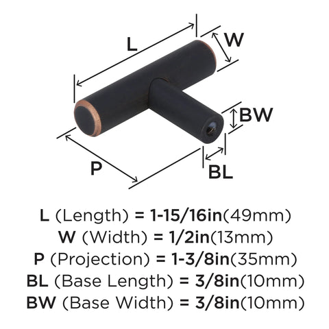 Oil Rubbed Bronze Cabinet Knob 1-15/16 Inch Length dimensions chart, contemporary drawer knob, bar pull style with warm copper highlights