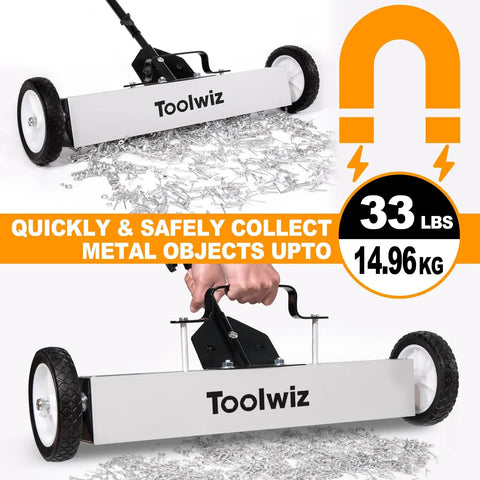 Magnetic Pick Up Sweeper With Wheels 24 Inch Large Metal Magnet For Yard Debris Cleanup Tough As Nails Heavy Duty Aluminum Frame Telescoping Handle With Quick Release Latch Nail And Screw Finder Roofing Garage Clean Up Tool