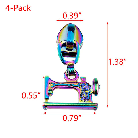 Dang Durable Rainbow Zipper Sliders 4 Pack Size 5 Metal Replacement Pull Tabs For Sewing Machines No Fuss Fix Electroplated Finish Smooth Glide Crafting Accessory with sewing machine design, 1.38 inch height.