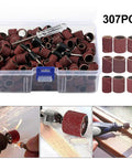 Superb 307 Piece Sanding Drum Kit With 80 To 240 Grit Abrasive Sleeves For Electric Mini Grinders in clear storage box.