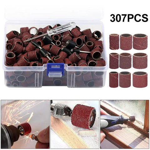 Superb 307 Piece Sanding Drum Kit With 80 To 240 Grit Abrasive Sleeves For Electric Mini Grinders in clear storage box.