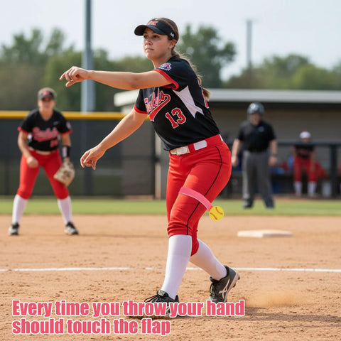 Softball Pitching Training Aid For Clean Mechanics And Realistic Throws demonstrated by player on field with elastic band