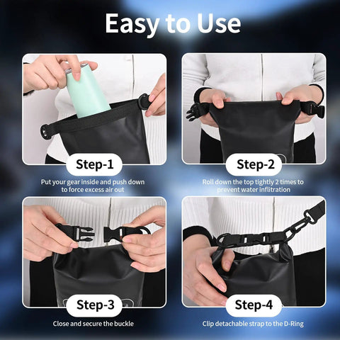 Person demonstrating use of 2L Roll Top Waterproof Dry Bag With Integrated Sealed Clear Phone Pouch For Boating Fishing And Travel Heavy Duty Black Dry Pack.