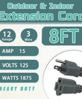 8 Ft Outdoor Extension Cord 12/3 SJTW Heavy Duty Gray Cable With 3 Prong Grounded Plug For Lawn Garden And Home Appliances, 15A 125V 1875W, 12 Gauge Copper, UL Listed Built Tough
