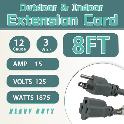8 Ft Outdoor Extension Cord 12/3 SJTW Heavy Duty Gray Cable With 3 Prong Grounded Plug For Lawn Garden And Home Appliances, 15A 125V 1875W, 12 Gauge Copper, UL Listed Built Tough