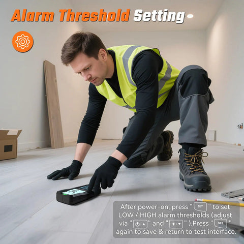 Alarm threshold setting on Rechargeable Pinless Moisture Meter For Drywall Detect Hidden Water Leaks And Condensation Before Damage DIY Ready And Great For Early Inspections Plumbing And Roof Leak Checks And Quick Home Renovation Prep