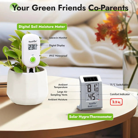 Light Driven Thermo Hygrometer And Smart Digital Wireless Soil Moisture Meter Kit with sensors on table with plant
