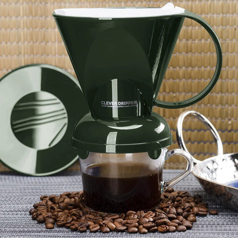 Pour Over Coffee Dripper Kit With Filters 18 Ounce Capacity BPA Free Plastic Dark Green Includes 100 Filters Easy Clean