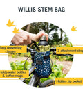Willis Stem Bag For Bike Handlebar Quick Access Drawstring Pouch For Snacks Phone Water Bottle And Gear, attached to bike.