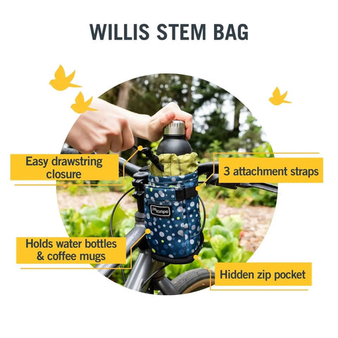 Willis Stem Bag For Bike Handlebar Quick Access Drawstring Pouch For Snacks Phone Water Bottle And Gear, attached to bike.