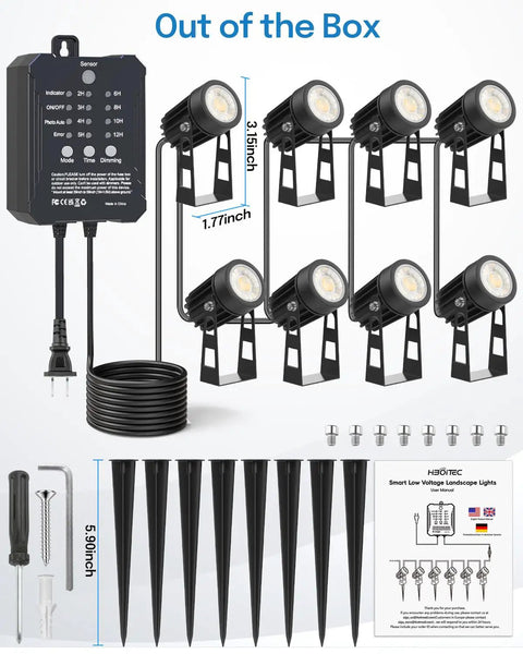 Low Voltage Landscape Lighting Kit With Transformer Photocell Sensor And Timer 8 Pack 3W Spotlights 68Ft Wire components displayed