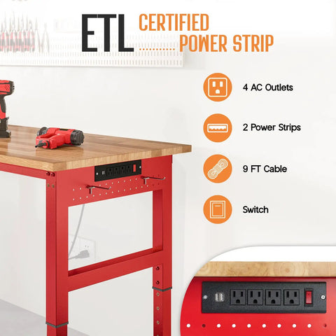 Red Adjustable Heavy Duty Workbench With 4 AC Outlets And 2 USB Ports, 2000 Lb Capacity, Rubber Wood Top, Pegboard, Garage Use