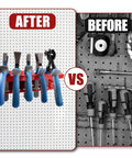 Comparison of tool organization before and after using Heavy Duty Magnetic Tool Holder Rack For Screwdrivers And Pliers Wall Mount Pegboard Organizer For Shears And Wrenches Garage Gear Storage Cart Or Workbench.