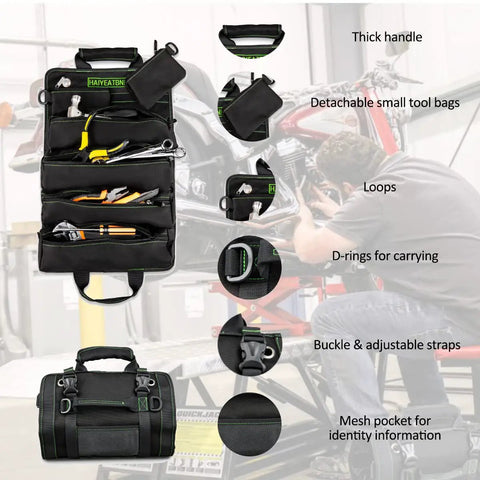 Heavy Duty Tool Roll Up Bag With Six Tool Pouches Built From 1000D X 1000D Fabric For Motorcycle And Truck Use Roll Up Organizer and tools