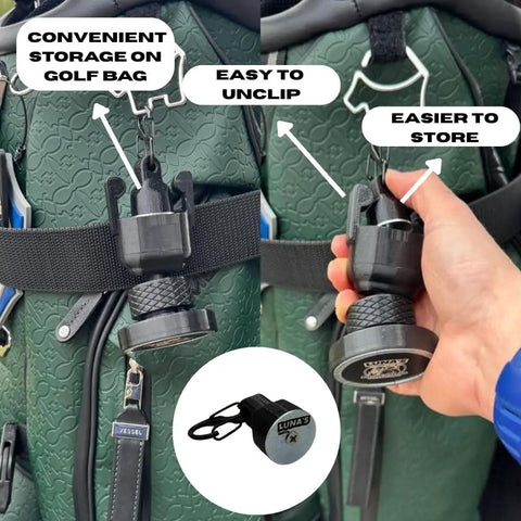 V2.5 Magnetic Golf Cart Phone Mount with 110Lb Magnet on golf bag for convenient storage and easy unclipping.