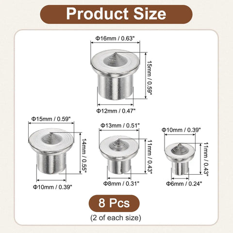 Pro Grade Woodworking Dowel Center Pins Set 16 Pack For Precise Drilling, 8 pieces in various sizes with measurements shown