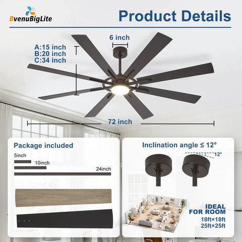 72 Inch Ceiling Fan With Lights, 8 Blade Dual Finish Black And Wood Look, Remote And App Control, shown installed indoors.