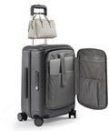 Hang Safe Carry On Luggage With USB Port And TSA Lock Lightweight Zipperless Hard Shell Spinner Rolling Suitcase 22 By 14 By 9 Inches Airline Approved Grey Front One Touch Quick Access Laptop Pocket