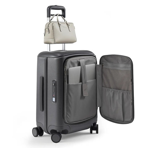 Hang Safe Carry On Luggage With USB Port And TSA Lock Lightweight Zipperless Hard Shell Spinner Rolling Suitcase 22 By 14 By 9 Inches Airline Approved Grey Front One Touch Quick Access Laptop Pocket