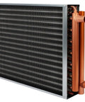 16x18 Water To Air Heat Exchanger For Forced Air Heating With 1 Inch Copper Ports Hot Water Coil For Outdoor Wood Furnaces And Residential Heating, Durable 306 Steel Case With 12 Fins Per Inch Aluminum Tubes For High Efficiency. Side View with Copper Ports
