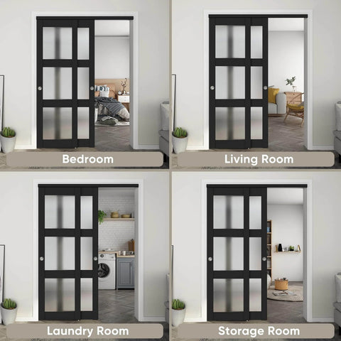 Sliding Closet Door 48 Inch Wide Two Panels Each 24.5 Inch Wide, 3 Lite Frosted Glass Bypass installed in various rooms