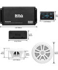 Marine Boat 6.5 Inch Speaker And 4 Channel Amplifier Bundle, 500 Max Per Channel, Bluetooth Remote, USB Charging, Auxiliary Input.