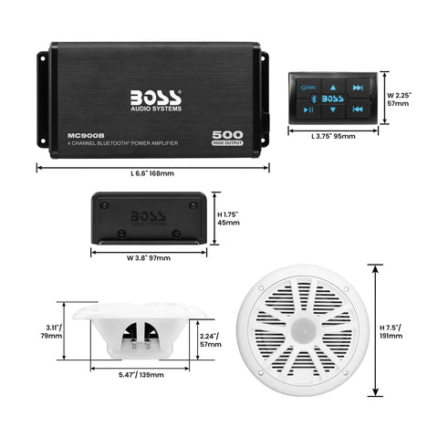 Marine Boat 6.5 Inch Speaker And 4 Channel Amplifier Bundle, 500 Max Per Channel, Bluetooth Remote, USB Charging, Auxiliary Input.