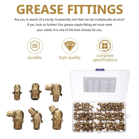 Totority Sturdy Copper Grease Fittings Kit 106 Pieces With M6 M8 M10 Nipples And Angled Noses For Automotive Repairs Not Easy To Rust Or Deform., copper grease fittings kit in organizer case with assorted brass nipples
