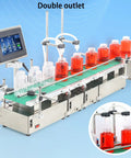 Compact Automatic Liquid Filling Machine With Conveyor Belt And Smart Dual Nozzles For Smooth Bottling Perfumes Spirits Cooking Oil No Sweat Digital Calibration with dual outlets on conveyor.