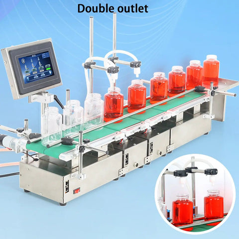 Compact Automatic Liquid Filling Machine With Conveyor Belt And Smart Dual Nozzles For Smooth Bottling Perfumes Spirits Cooking Oil No Sweat Digital Calibration with dual outlets on conveyor.