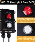 Sump Pump Alarm With 10ft Float Switch And 90dB Alarm, LED Power On Off Indicator, IP67 Waterproof, showing red LED alarm and buttons.