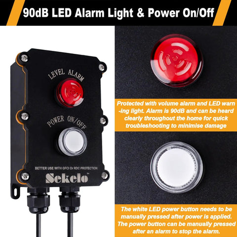 Sump Pump Alarm With 10ft Float Switch And 90dB Alarm, LED Power On Off Indicator, IP67 Waterproof, showing red LED alarm and buttons.