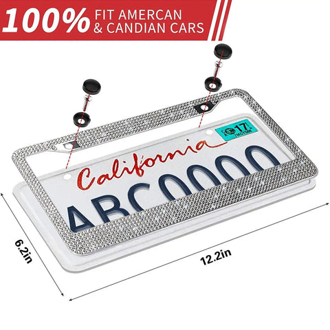 Sparkly Bling License Plate Frame For Women, Stainless Steel With 14 Facet Clear Crystal Rhinestones, fits US 12.2x6.2 inches