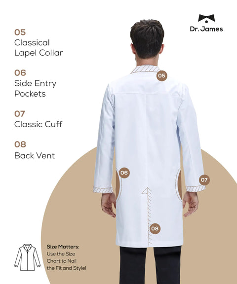 Back view of Premium Unisex Lab Coat With Phone And Tablet Pockets, Classic Fit, Concealed Snap Closure, showing lapel and vent.