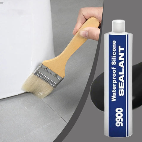 Applying Rock Solid Waterproof Sealant And Heavy Duty Bonding Adhesive With A Badass Polymer Grip on a surface using a brush.