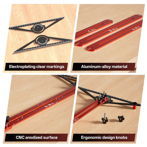 Built Tough Adjustable Aluminum Stair Tread Template Tool And Precision Angle Length Measuring Jig For Flooring Cabinets Carpentry and Fine Woodwork With Smooth Locking Slides showing aluminum-alloy construction and clear markings