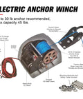 45 Lb Electric Boat Anchor Winch For Saltwater Boats With Wireless Remote, 98.42 Ft Pre Wound Rope, 12V Marine Windlass, Tough As Nails Heavy Duty Copper Motor, Fast Hoist, Sturdy Black Finish, shown with rope, wiring and hardware