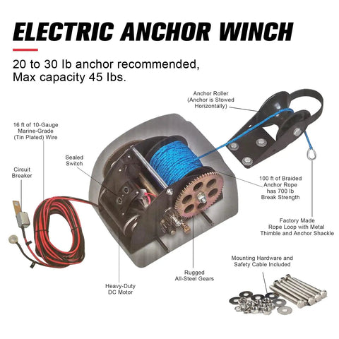 45 Lb Electric Boat Anchor Winch For Saltwater Boats With Wireless Remote, 98.42 Ft Pre Wound Rope, 12V Marine Windlass, Tough As Nails Heavy Duty Copper Motor, Fast Hoist, Sturdy Black Finish, shown with rope, wiring and hardware