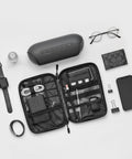 Travel Ready Electronics Organizer Case For Cords And Tech Gear open with phone, power bank, SD cards, and accessories displayed