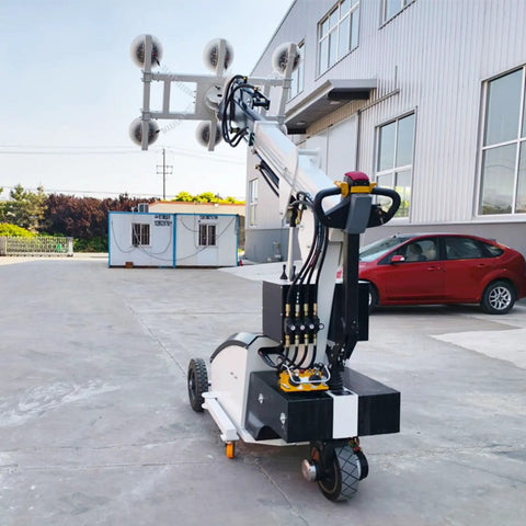 Heavy Duty Mobile Glass Lifter Cart With Vacuum Suction Cup Handler For Smooth Window And Curtain Wall Install, side view.