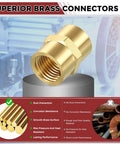 Solid Brass Pipe Fitting Connector Set 1 Eighth Inch To 1 Half Inch FNPT To FNPT Hose Couplers For Plumbing close-up on connector