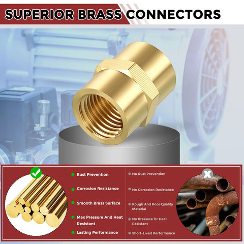 Solid Brass Pipe Fitting Connector Set 1 Eighth Inch To 1 Half Inch FNPT To FNPT Hose Couplers For Plumbing close-up on connector