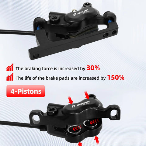 Z00M HB876E 4-piston hydraulic brake caliper set for e-bikes, black, pre-bled with mineral oil, front and side view