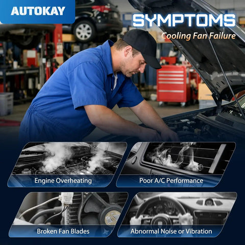 Mechanic diagnosing cooling fan failure symptoms for Top Tier Radiator Cooling Fan With Integrated Control Module For Mercedes Benz C300 C350 C63 Amg Cls400 B250e Engines 2008 To 2017